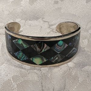 HechoEn Mexico Abalone Shell Inlaid Silver Cuff Bracelet VINTAGE